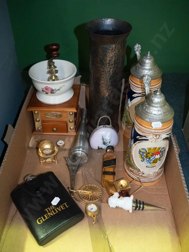 box of copper vase, beer steins, coffee mill, hip flask, etc. Image 1++