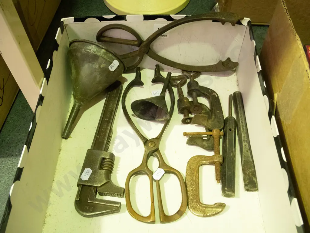 box of vintage tools, funnels, tongs Image 1++