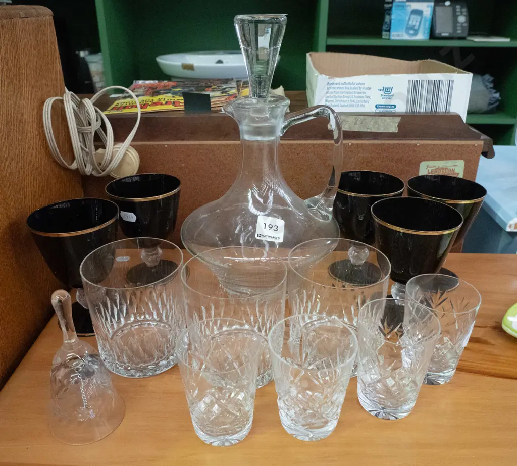 decanter, cut crystal whisky glasses, black glass goblets, etc. Image 1++
