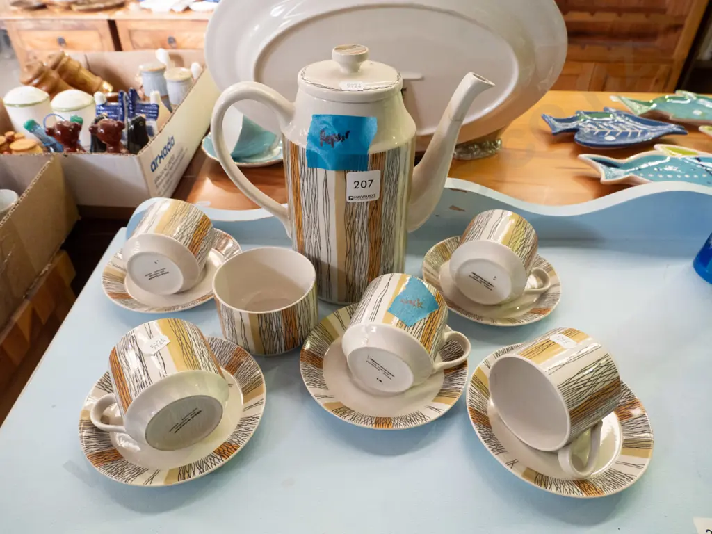 Midwinter coffee pot, cups, saucers - crack to cup, repair to coffee pot Image 1++
