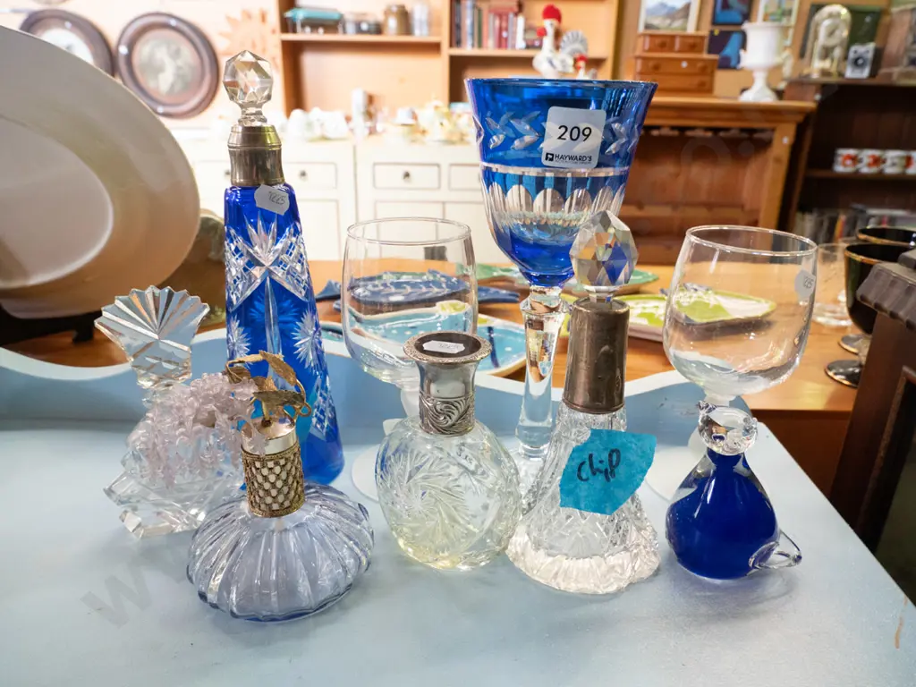 blue cut glass goblet, wine glasses, scent bottles etc Image 1++