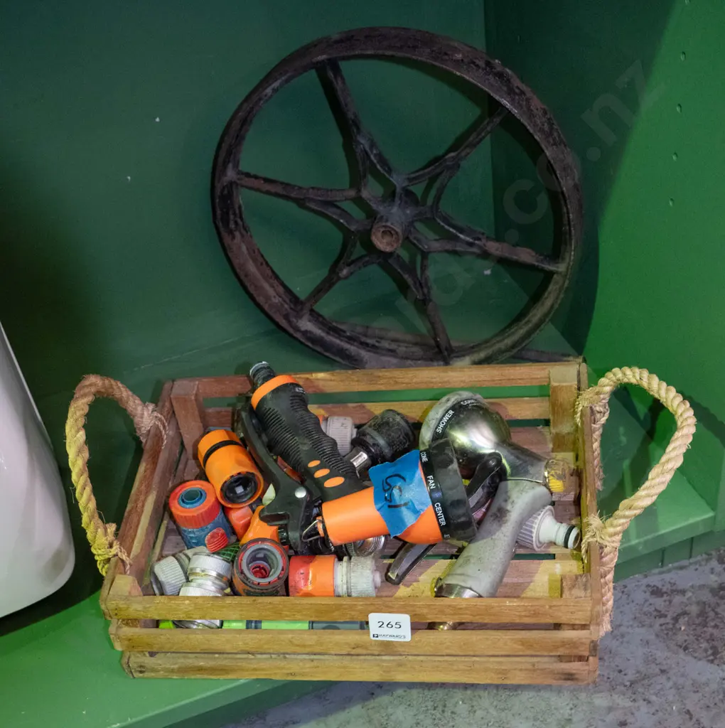 small metal wheel, wooden tray, garden hose fittings Image 1++