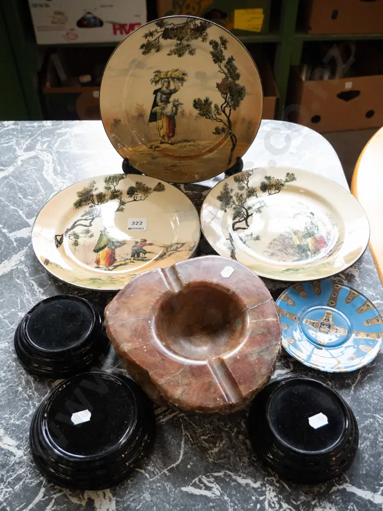 3 Doulton plates, marble ashtray, hand painted cigar label motif dish etc. Image 1++