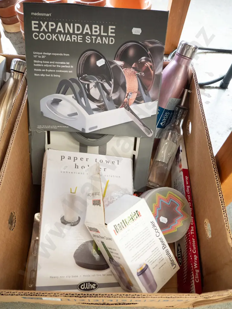 box of as-new cookware, thermoses, beer cooler, etc. Image 1++