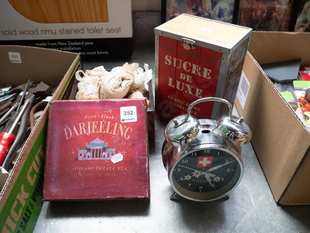 2 reproduction lace trimmed boxes and a Swiss bedside clock Image 1++
