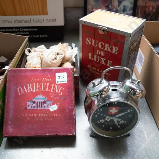 2 reproduction lace trimmed boxes and a Swiss bedside clock