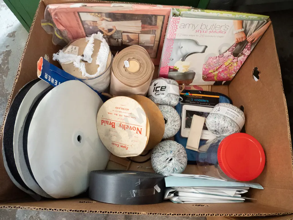 box of knitting yarn, velcro, ribbon, pattern book etc. Image 1++