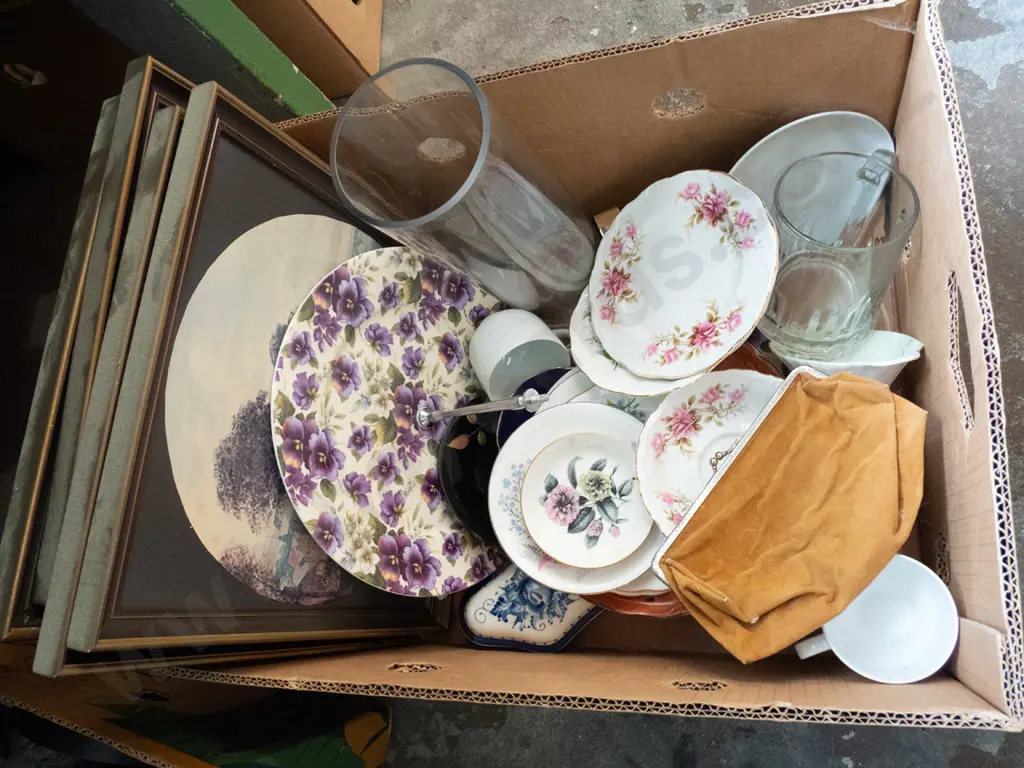 box of prints, clutch purse, plates, glass vase, etc. Image 1++