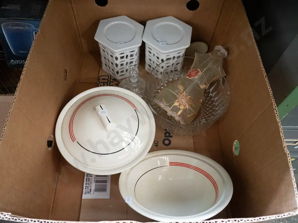 box of Grindley lidded vege, glass bowl, tealight candle lanterns etc. Image 1++