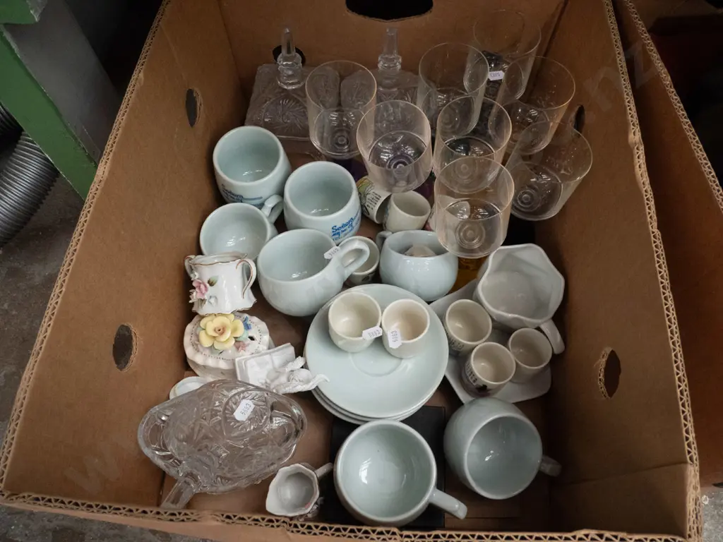 box of plastic wine glasses, Japanese cups & saucers, ceramic floral trinkets, coasters etc. Image 1++