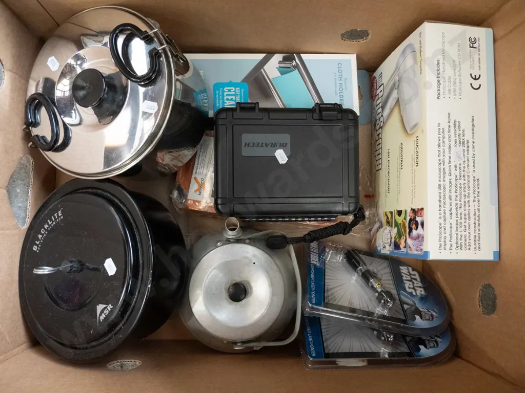 box of Star Wars laser pointers, USB digital microscope,  cooking ware, etc. Image 1++