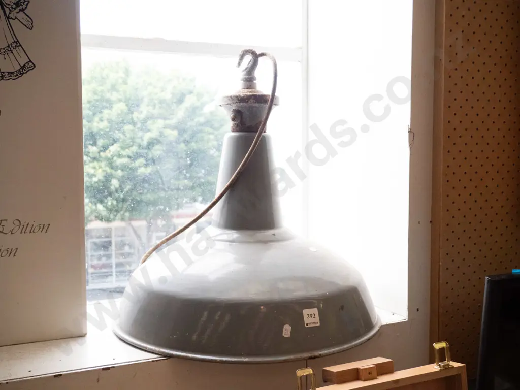 large grey painted metal industrial light fitting - some paint loss and corrosion Image 1++