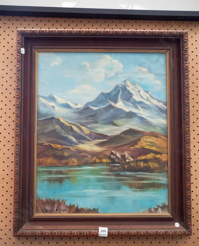 Karene Trask framed oil - lake and mountain scene, some foxing Image 1++