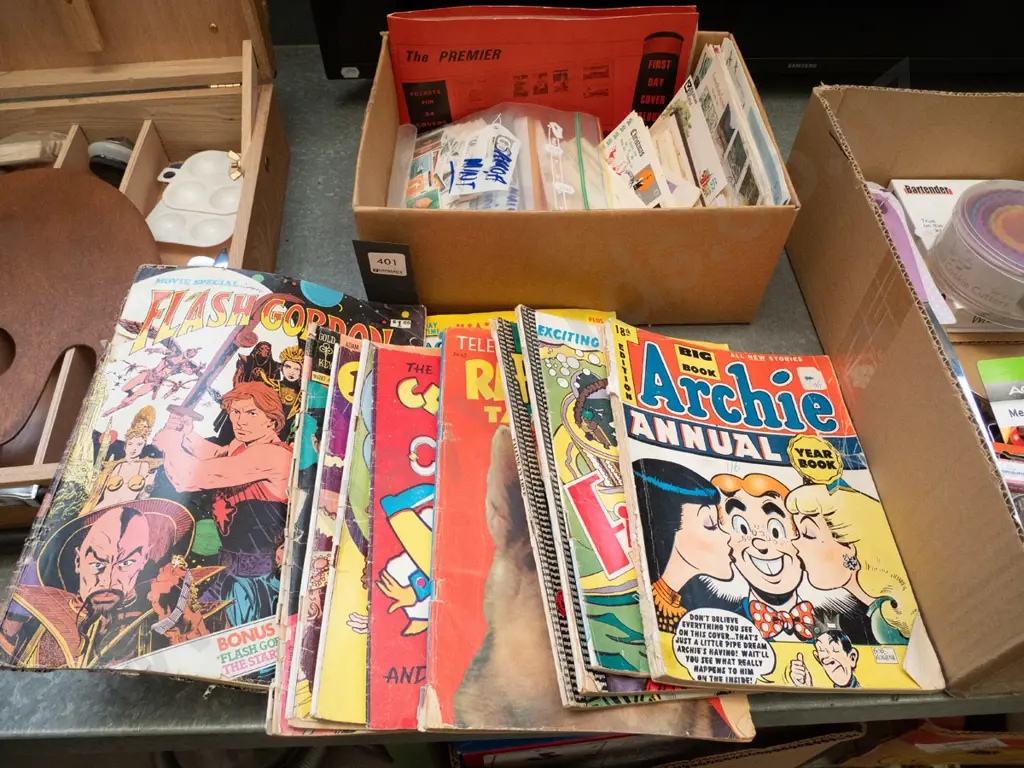 box of stamps, first day covers, vintage comic books Image 1++