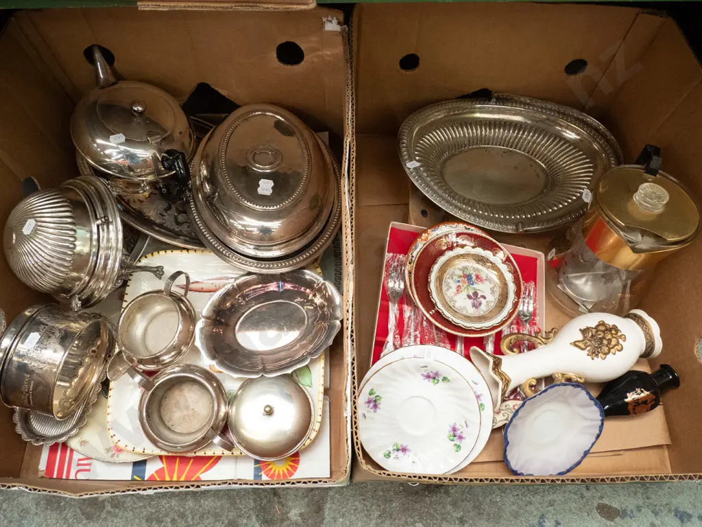 2 boxes of plated teapot, cream & sugar, segmented serving dish, cutlery, vases, etc. - yellow dots Image 1++