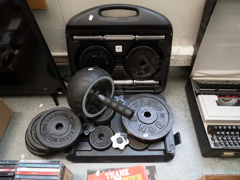 cased hand weights and exercise roller Image 1++