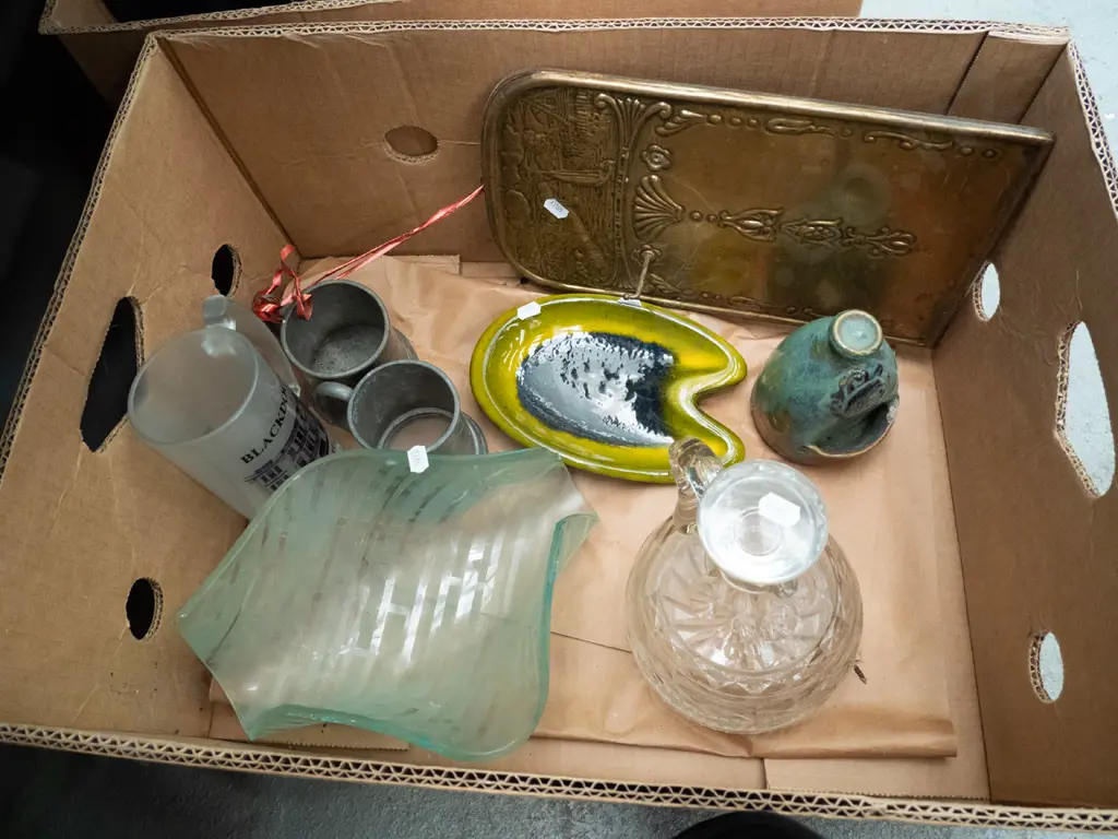 box of studio pottery salt pig, decanter, etc. Image 1++