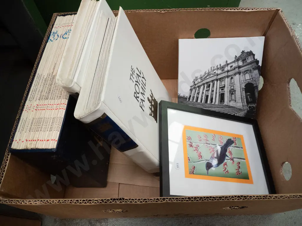 box of royal family memorabilia and 2 prints Image 1++
