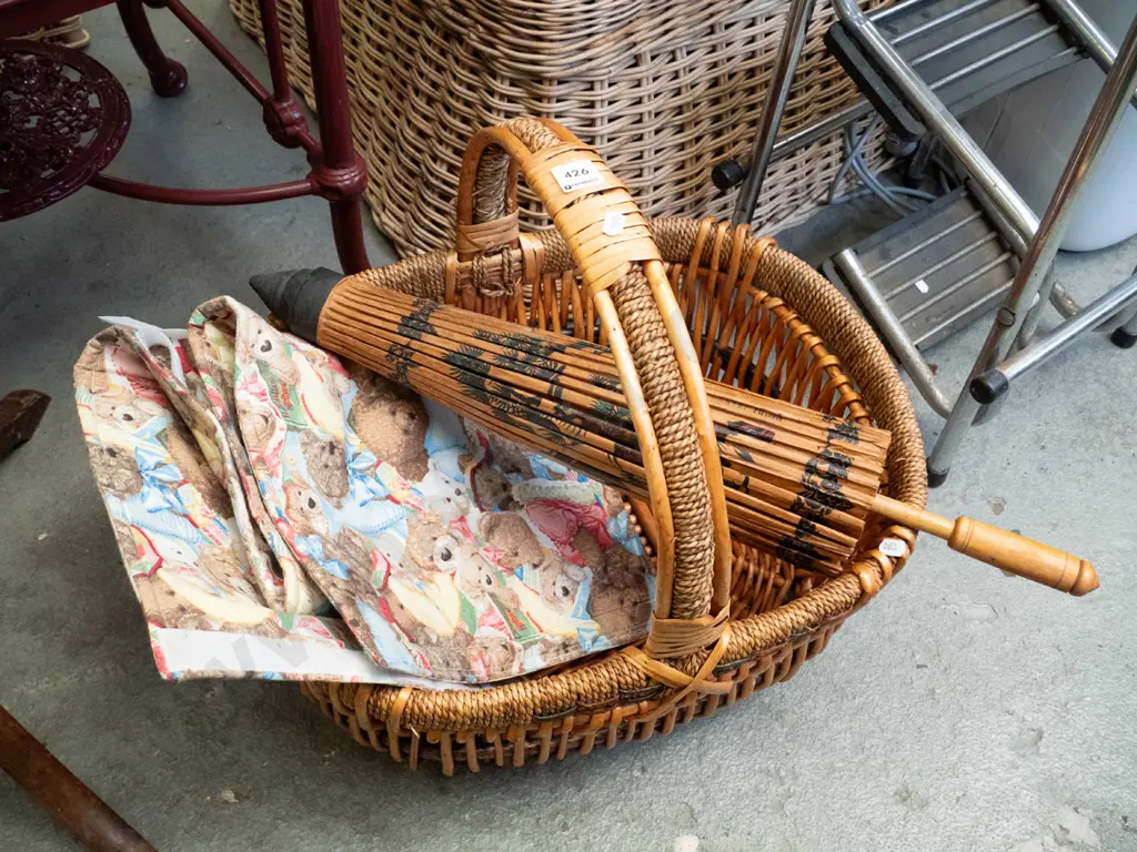 cane basket, sun umbrella and teddy bear themed pad Image 1++