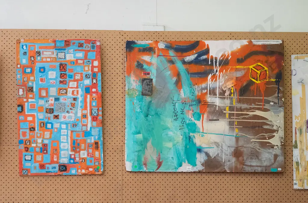 2 mixed media on board - abstracts - green dots Image 1++