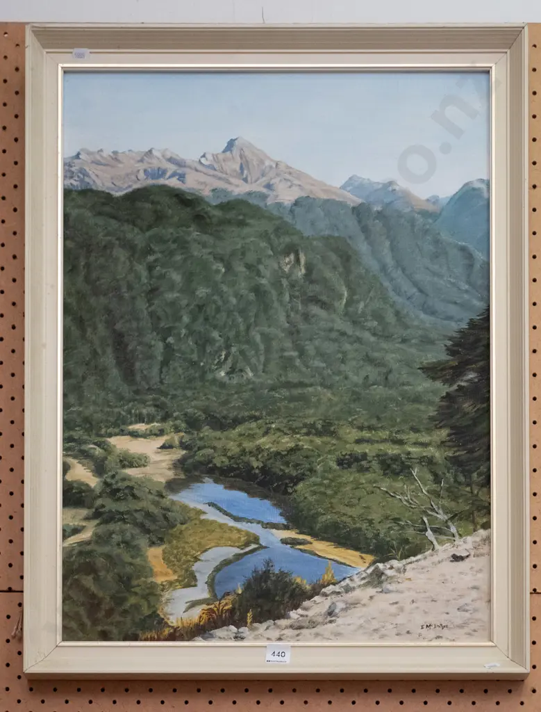 E. McIntyre - framed oil - river and mountain scene Image 1++