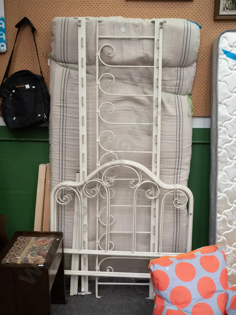 single foam mattress and white painted metal bed frame Image 1++