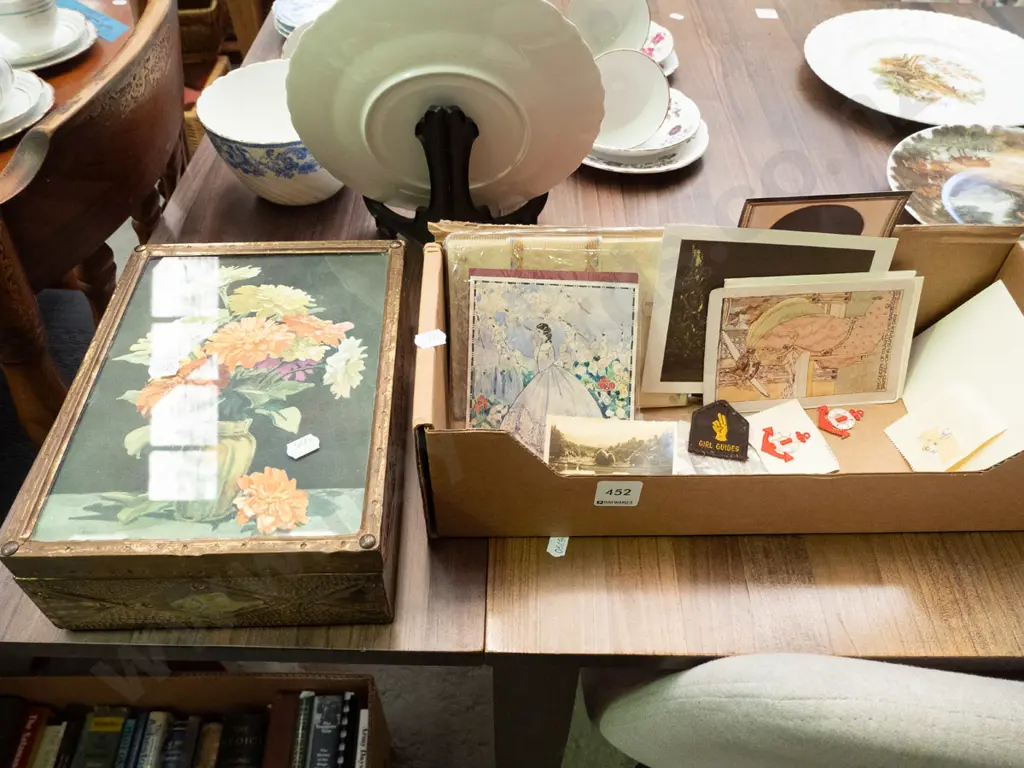 brass and flower print jewellery box and box of vintage stationery items Image 1++
