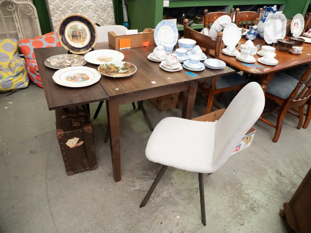 contemporary drop side dining table - 2 fabric upholstered chairs need a clean H-750 L-1220 W-900 Image 1++