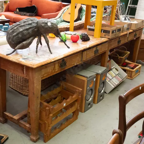 long rimu table with 4 drawers, numerous cracks, varnish needs attention H-770 L-2600 W-650
