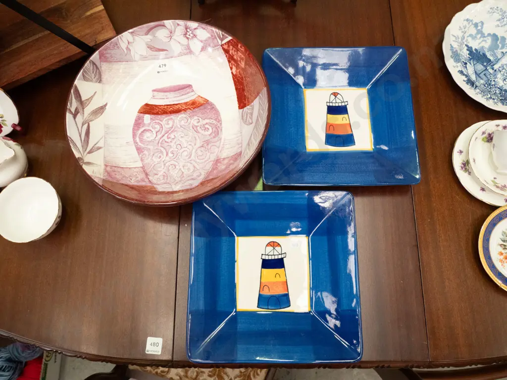 large modern serving bowl D-350 and 2 lighthouse themed serving plates Image 1++