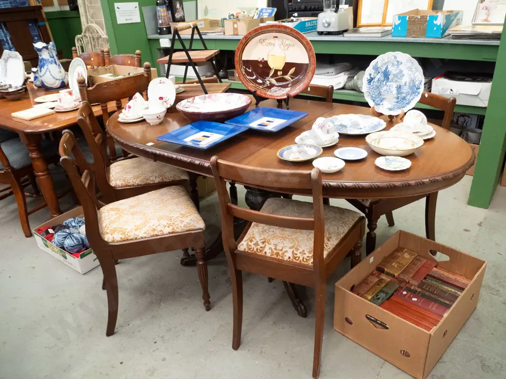 mahogany oval ended pedestal dining table with 6 upholstered ladder-back chairs H-760 L-920 W-700 Image 1++