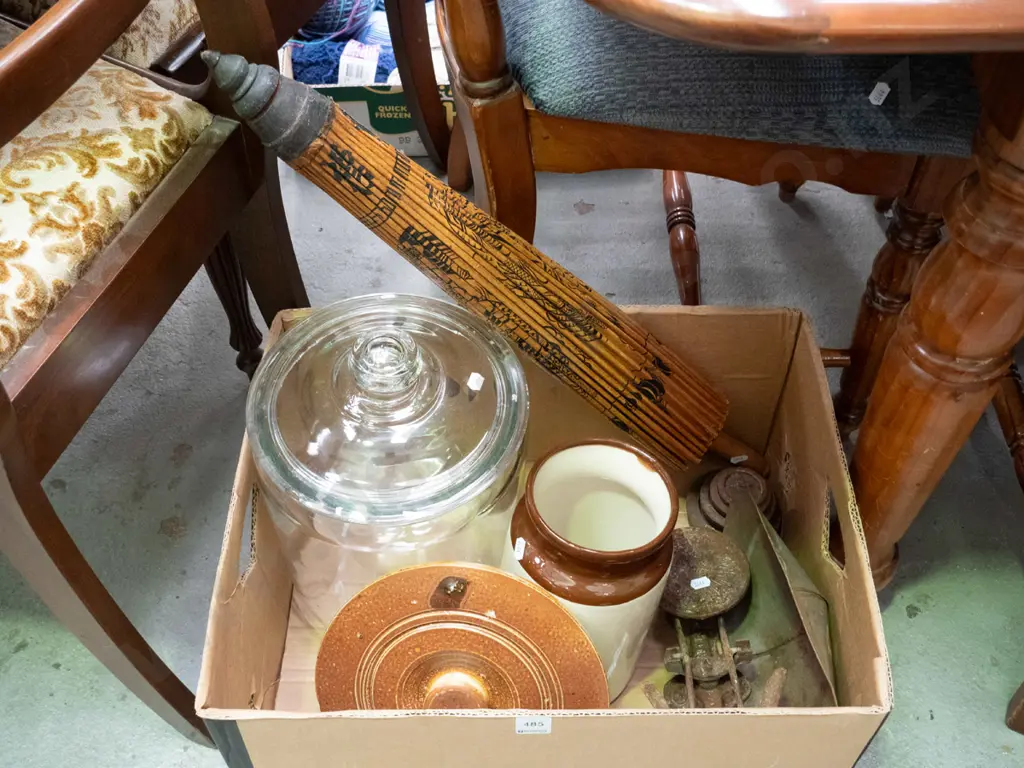 box of large lidded glass storage container, has chip to rim, parasol, rusty vintage balance scales, etc. Image 1++