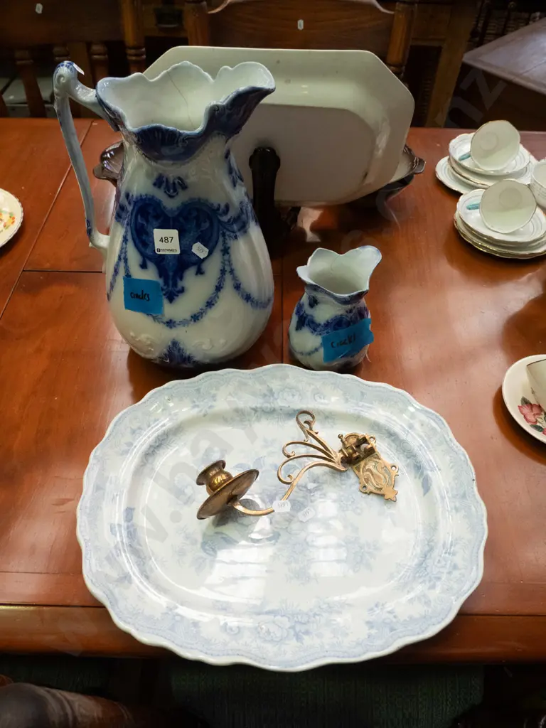 vintage flow blue wash jug and a vase, both have cracks, an ashett and a piano sconce Image 1++