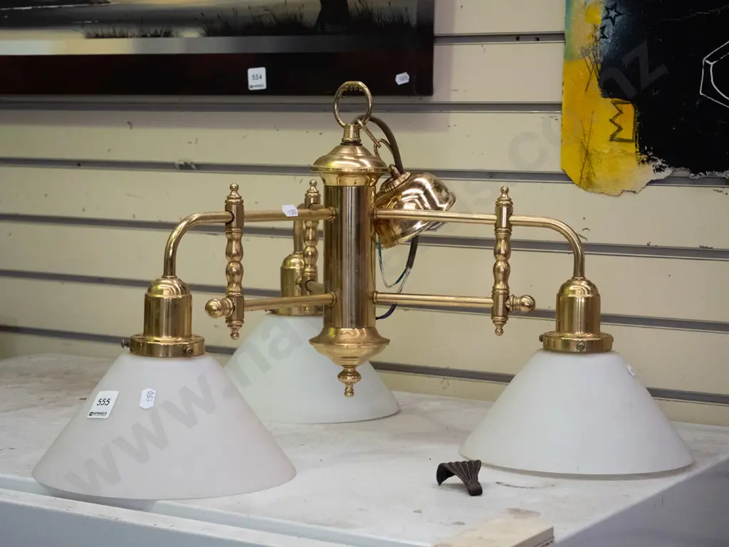 brass and milk glass 3 bulb light fitting Image 1++