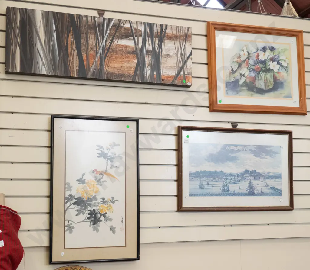 2x framed prints, framed Asian watercolour - foxing, boxed acrylic canvas - hole - green dots Image 1++