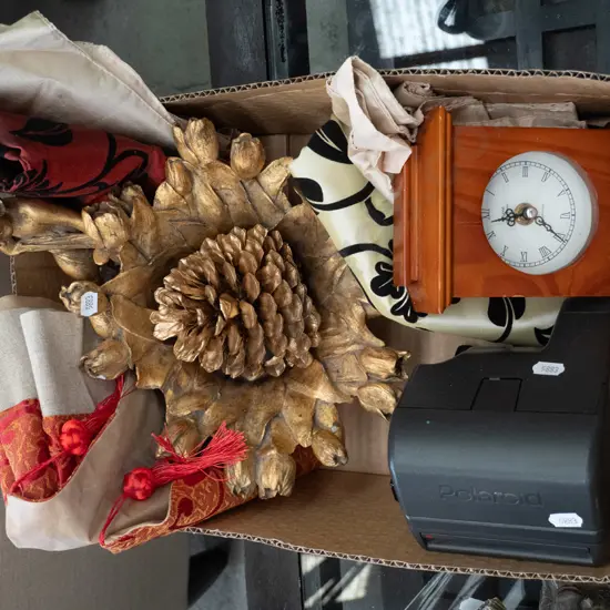 box; golden pine cones, instamatic camera etc