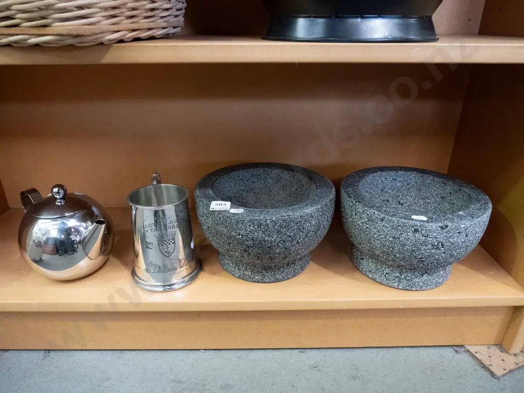 2x  stone mortars, plated tankard, teapot Image 1++