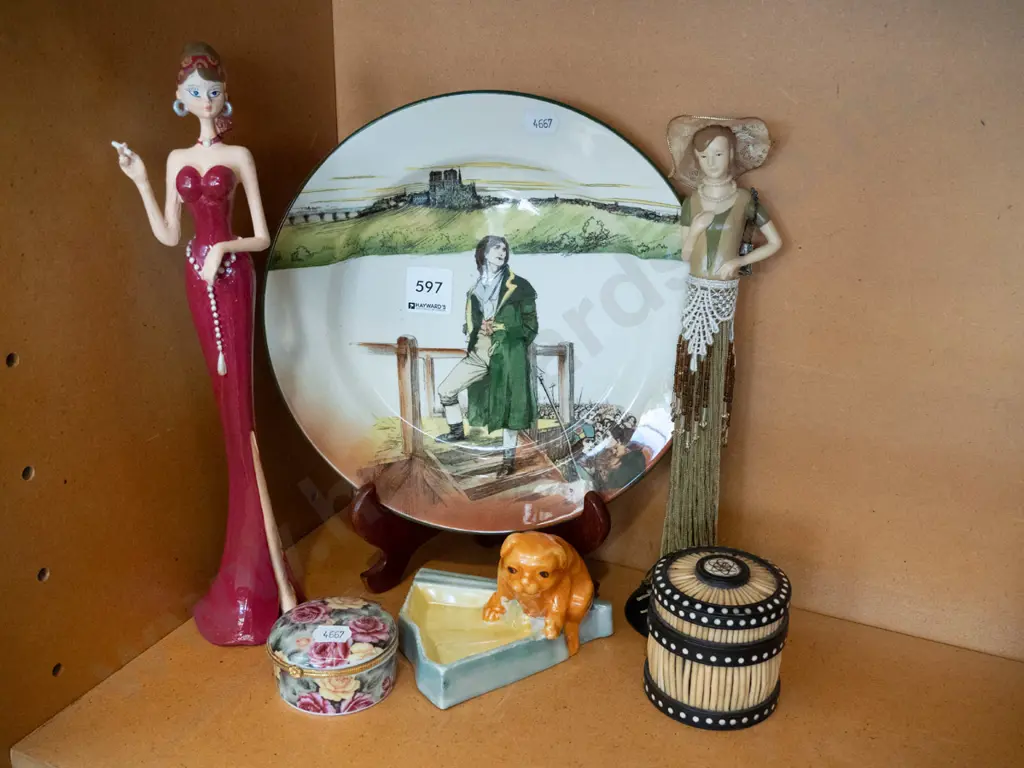 Doulton Sydney Carton plate, figurines, porqupine quill container etc Image 1++
