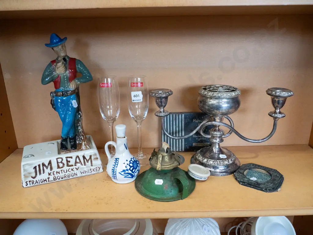 shelf; wine glasses, Jim Beam decanter, retro vinegar bottle etc Image 1++
