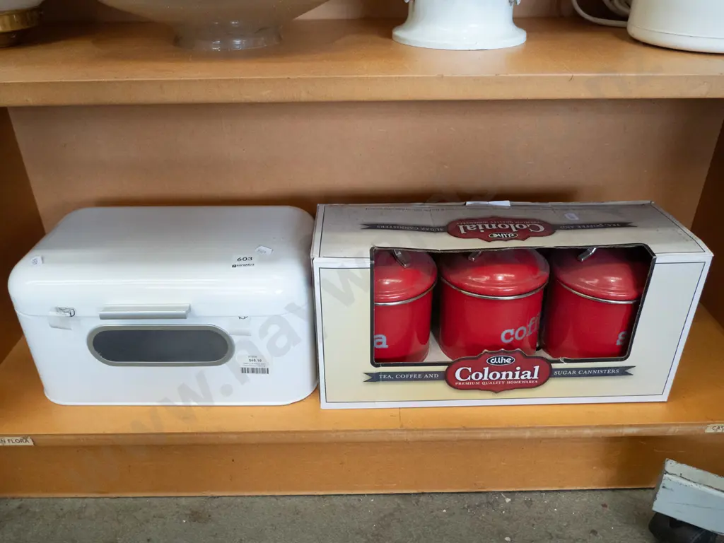 Colonial tea, coffee and sugar canisters, bread bin Image 1++