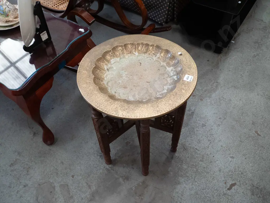 brass top chip carved Middle Eastern foldaway side table Image 1++