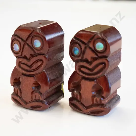 2x small carved souvenir tiki salt and peppers