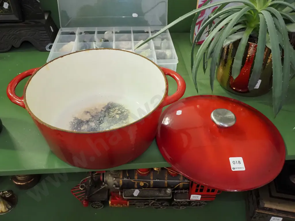 red cast iron and enamel casserole - some wear inside Image 1++