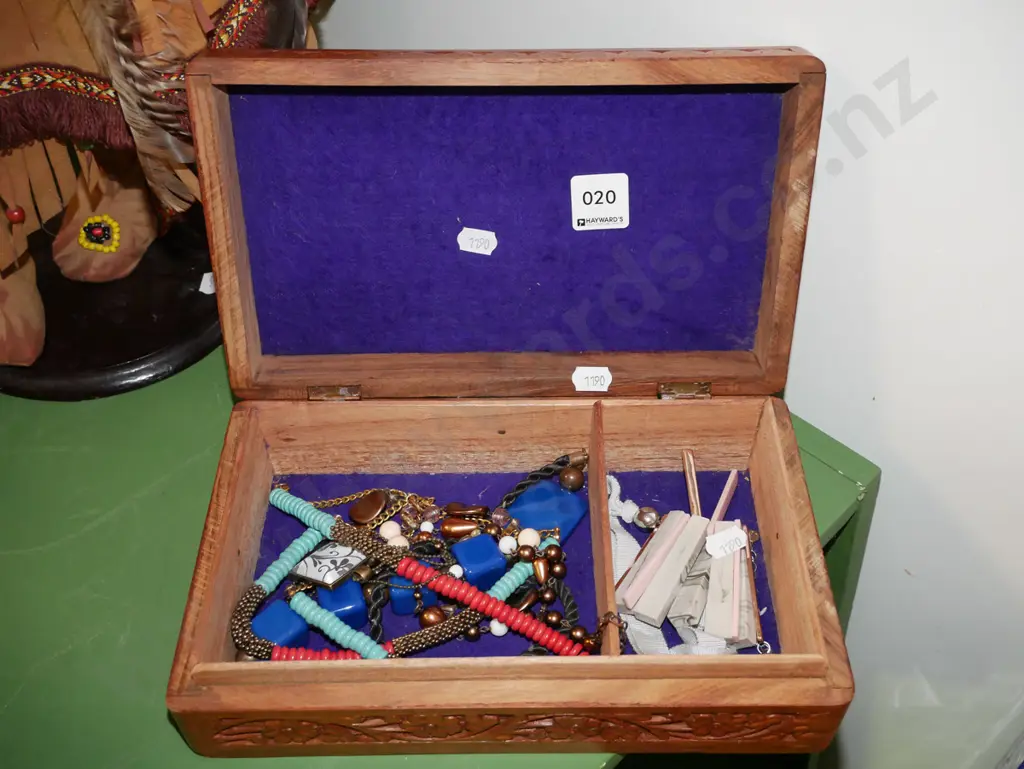 small carved camphorwood chest and costume jewellery Image 1++