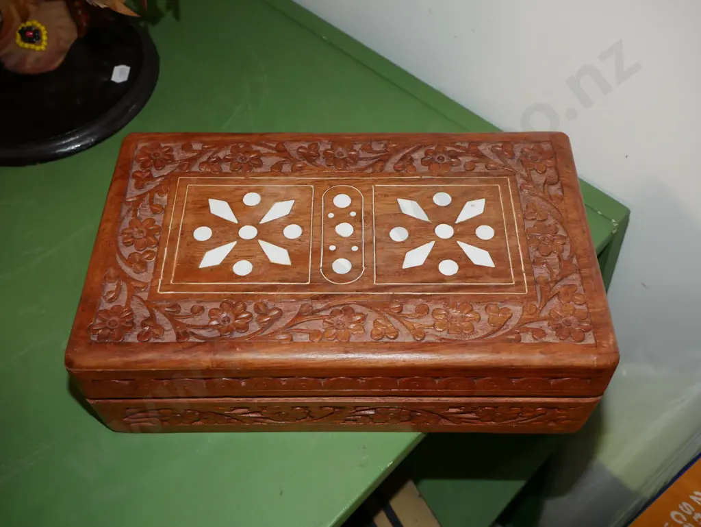 small carved camphorwood chest and costume jewellery Image 1++