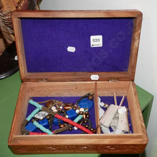 small carved camphorwood chest and costume jewellery