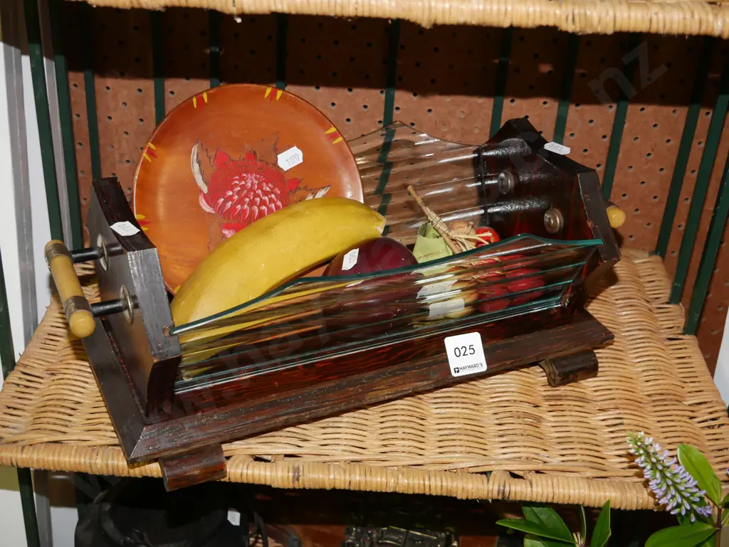 deco wood and glass fruit bowl, faux fruit, small wooden plate Image 1++