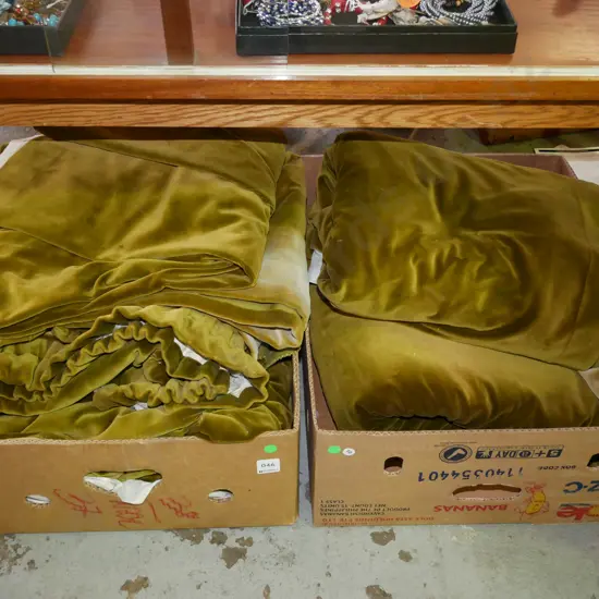 2x boxes of green velvet curatins - some fading and wear