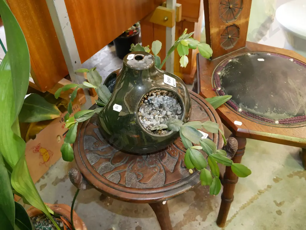 green glazed hanging planter and succulents Image 1++