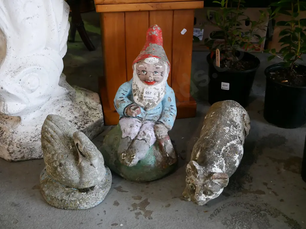 3x concrete garden ornaments; gnome, cat, swan Image 1++